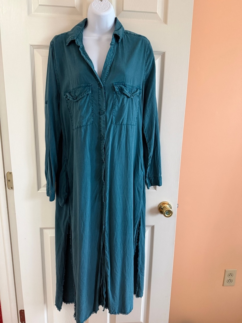 Cloth & Stone Teal Button-Front Long Sleeve Shirt Dress